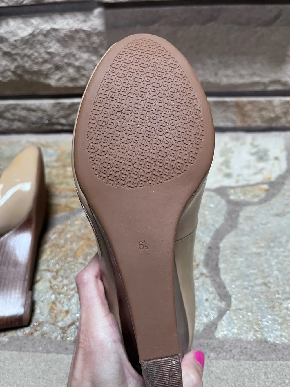 Tory Burch Beige Patent Leather Jade Peep Toe Wedge Pumps Size 6.5